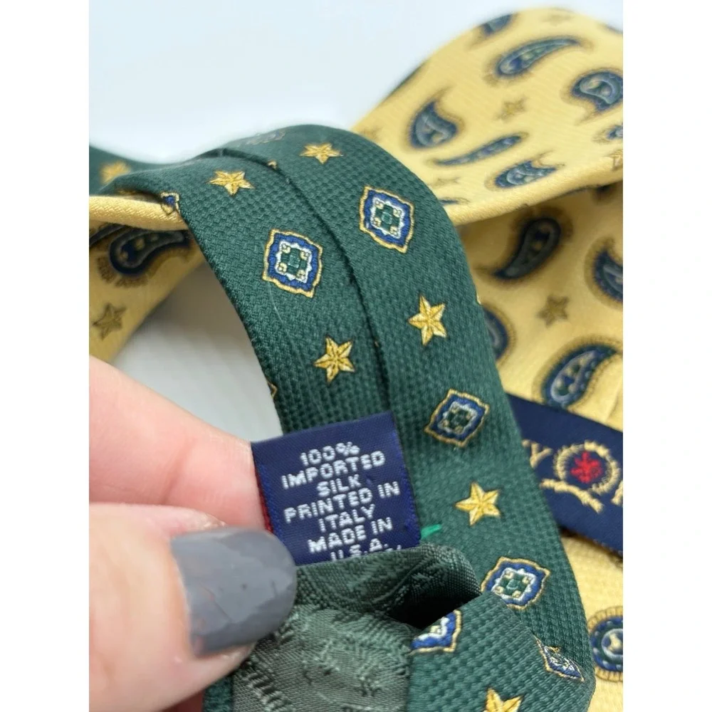 Tommy Hilfiger, Yellow 100% Silk Necktie, Blue/Green Paisley & Star Pattern
